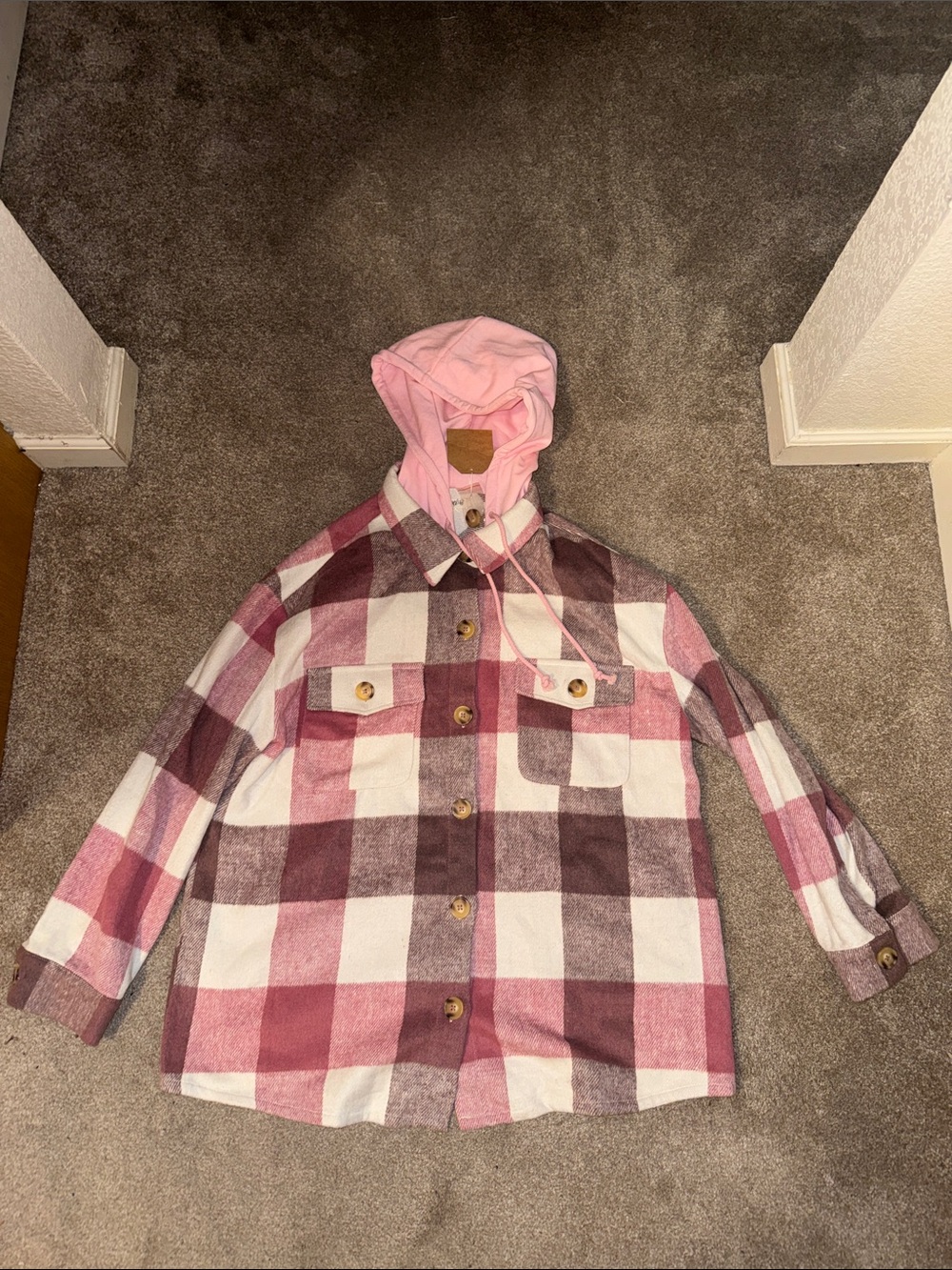 Women's Pink Plaid Button-Down Heavy Weight Jacket with Hood